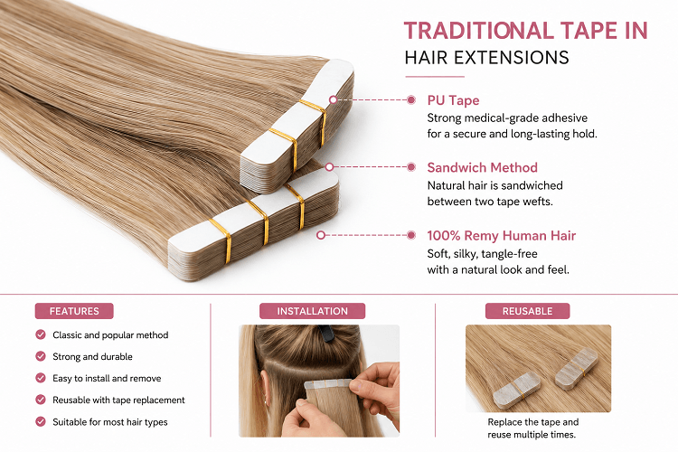 Extensiones de cabello adhesivas tradicionales